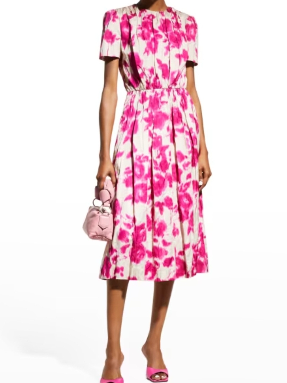JASON WU Floral Pleated Midi Day Dress | Chalk / Azalea (NWT)